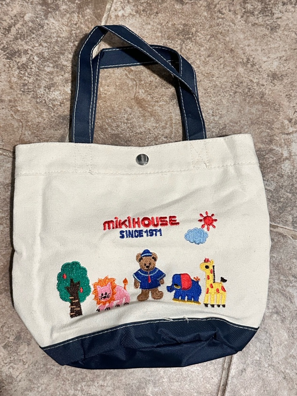 Kids Canvas Tote Bag in Cream with Navy Trim